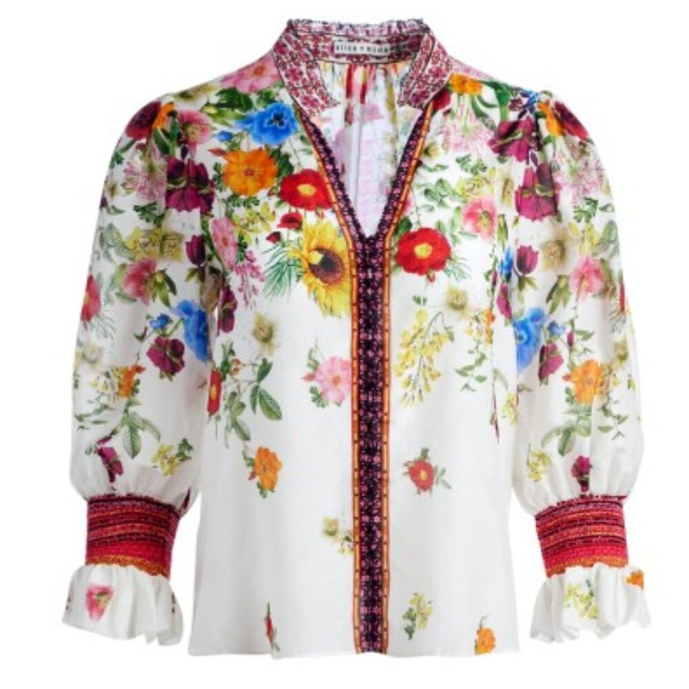 Alice + Olivia - ILAN Smocked Sleeve Button Front Blouse - XS - BNWT